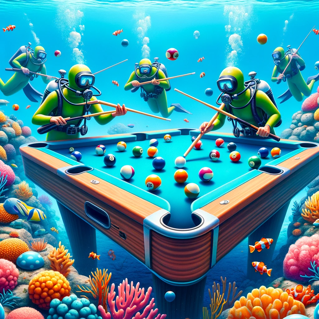 Chalk up your flippers for underwater pool table fun.- Pool Table Pun