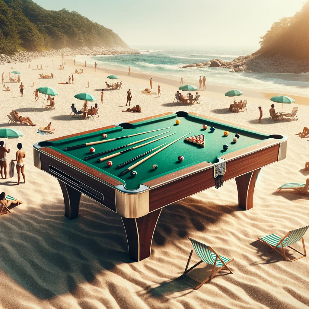 Sandy breaks on the beachside pool table.- Pool Table Pun