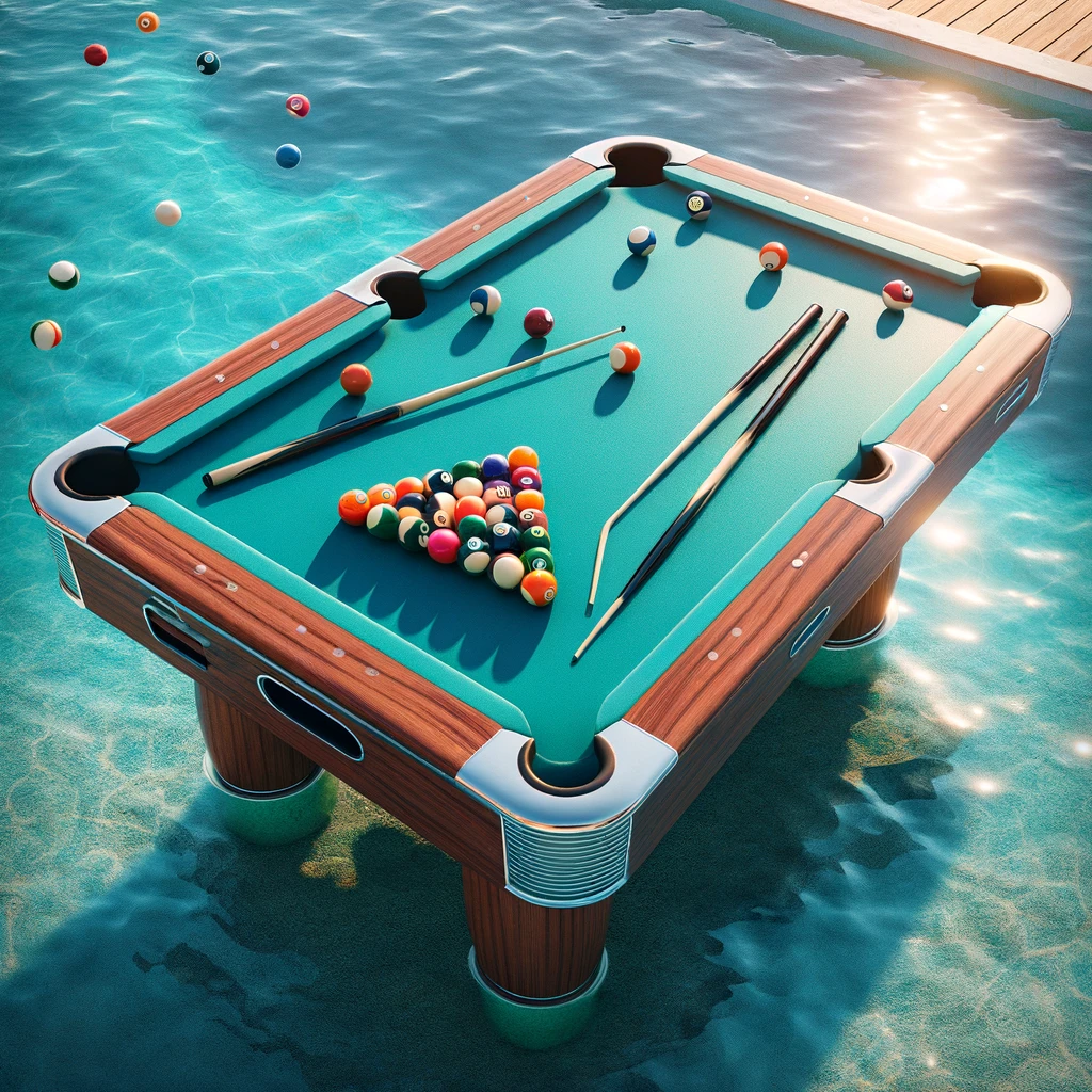 Where cues and water meet- the swimming pool table.- Pool Table Pun