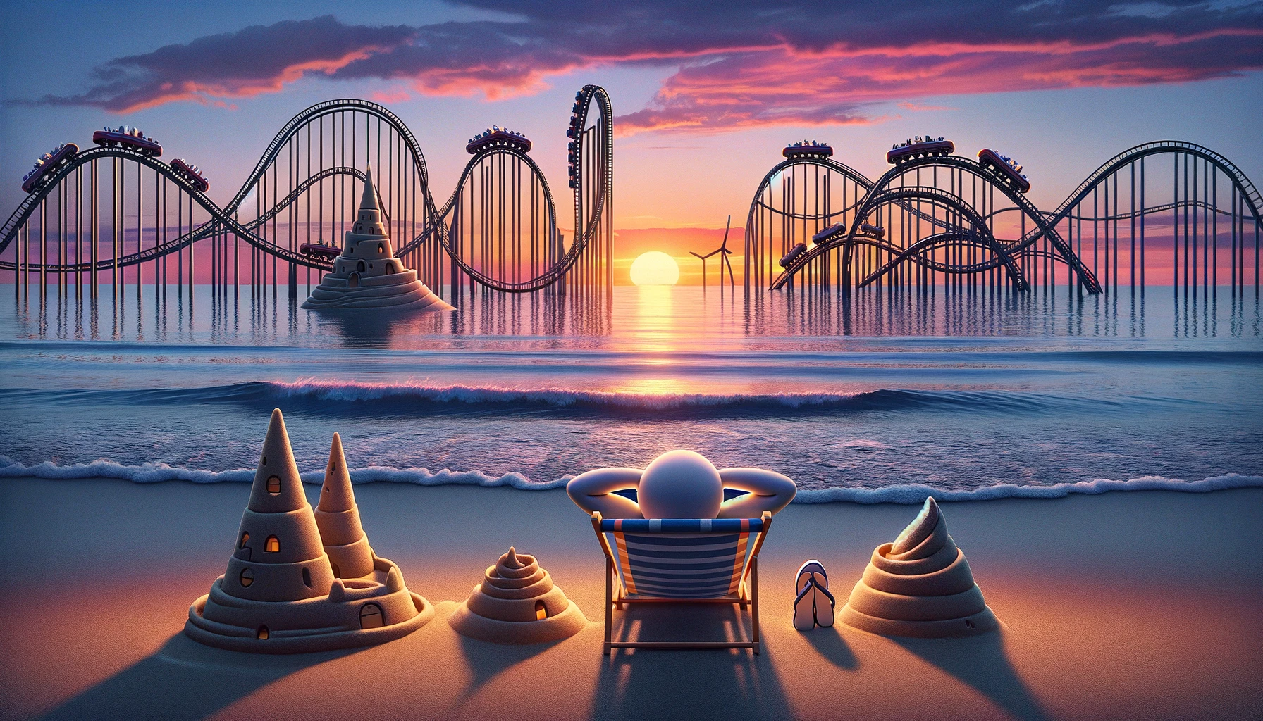After a roller coaster day, a peaceful dusk at the beach seems heavenly. - Roller Coaster Pun