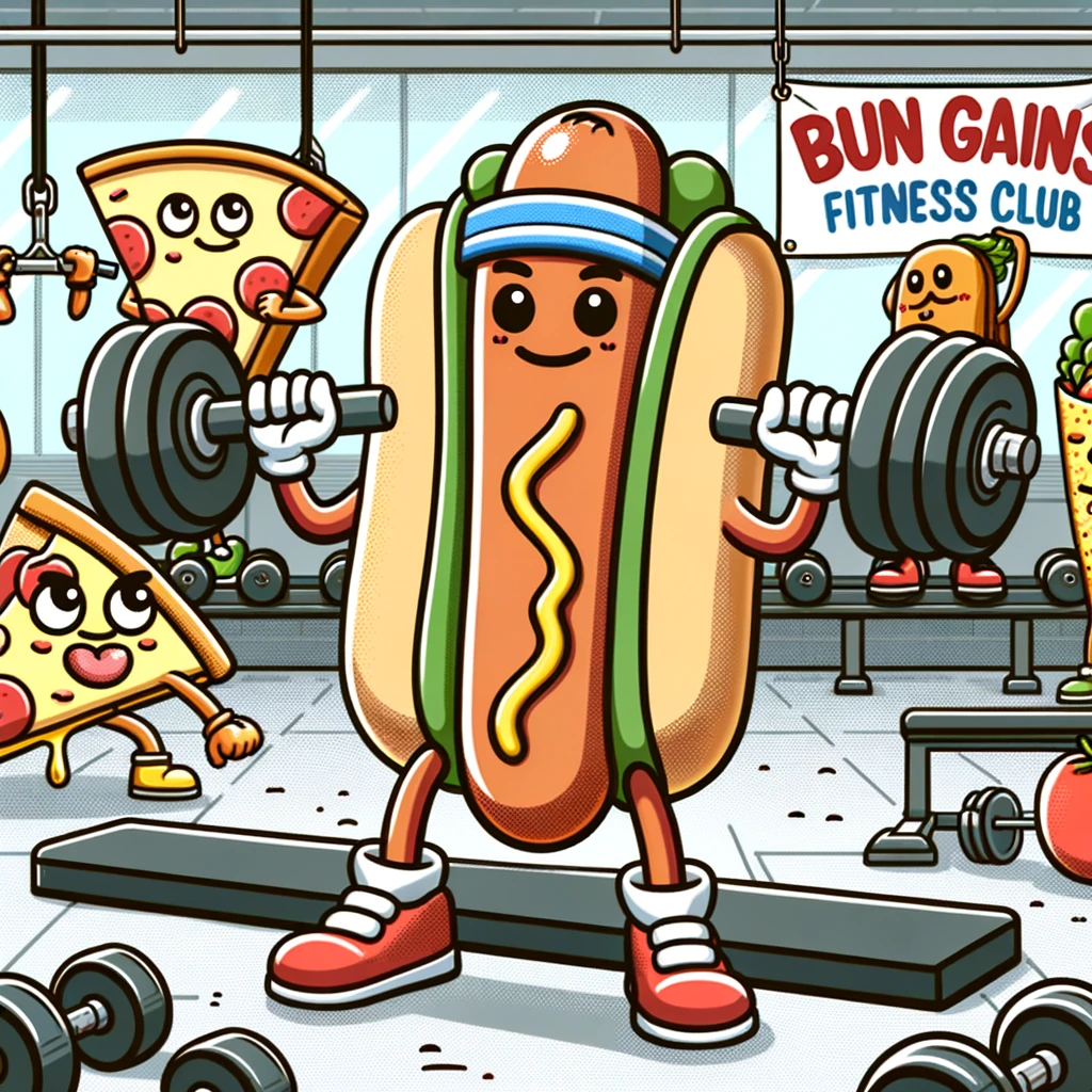 Hot dogs at the gym? They’re just trying to get those bun gains! - Hot Dog Pun