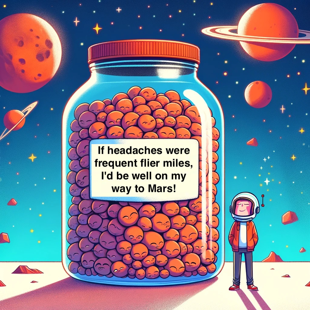 If headaches were frequent flier miles, I'd be well on my way to Mars!- Headache Pun