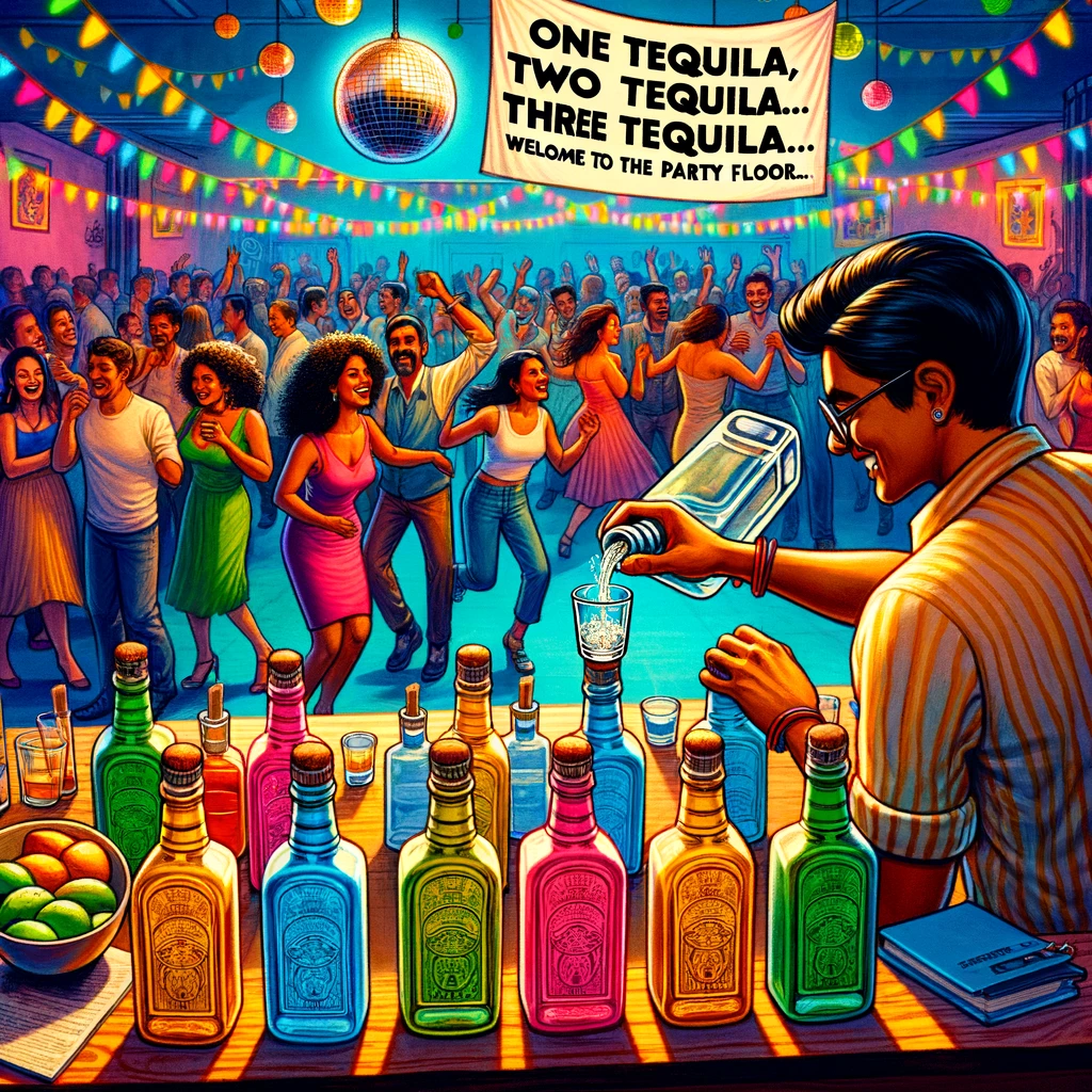 One tequila, two tequila, three tequila - welcome to the party floor! - Tequila Pun