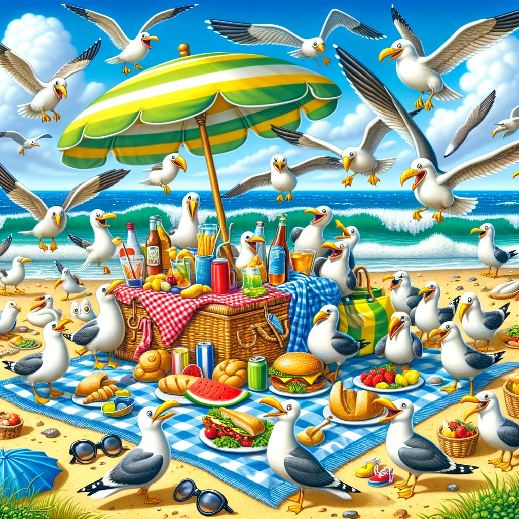 Our beach picnic got crashed by seagulls - it became a beachnic spectacle!- Picnic Pun