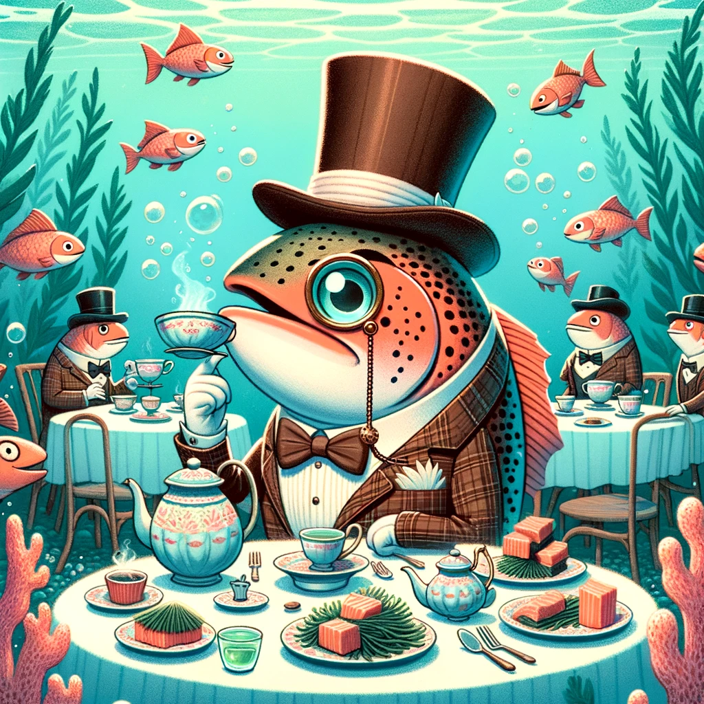 Salmon enjoy tea during fin and tonic time. - Salmon Pun