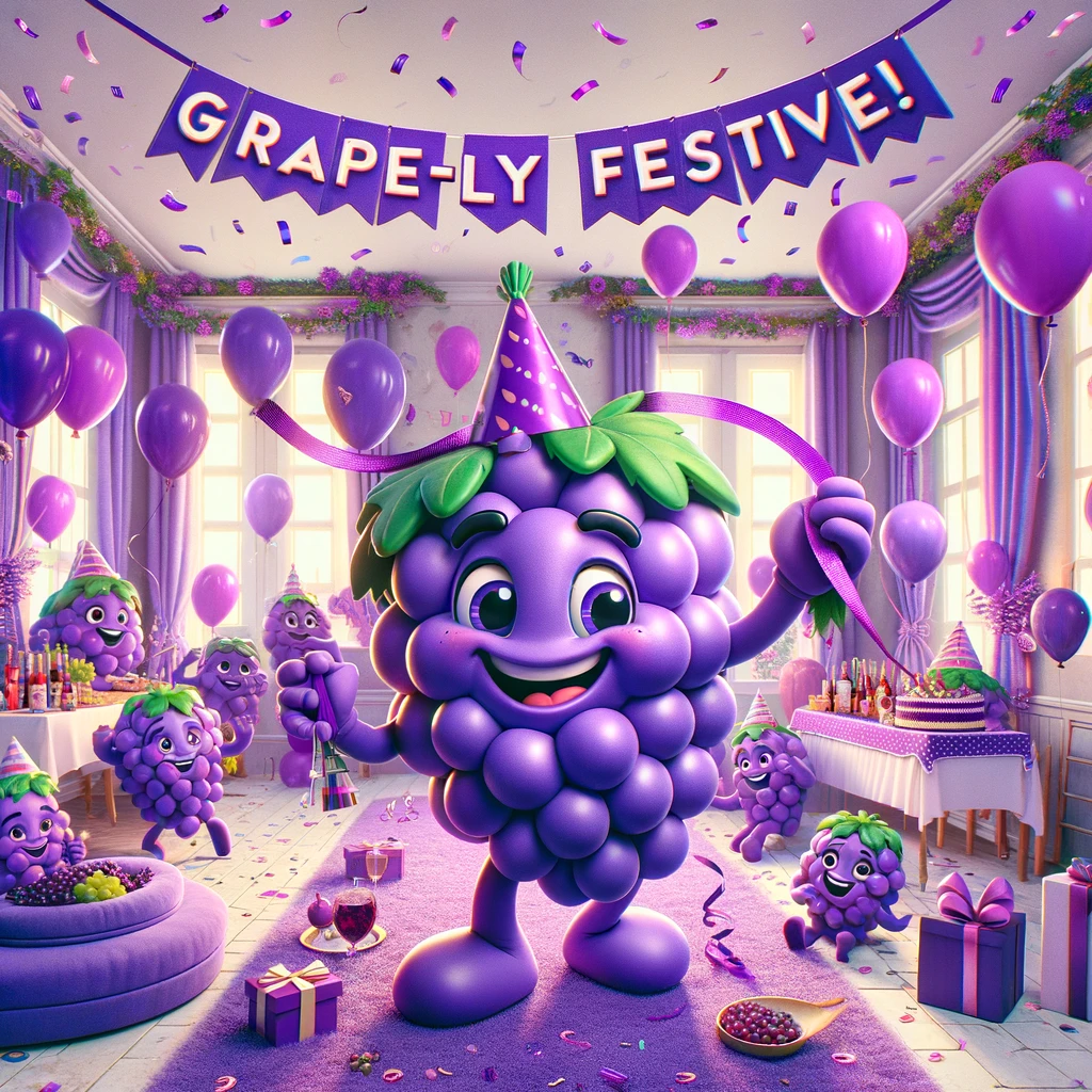 She added purple decorations to the party, making it grape-ly festive. - Purple Pun