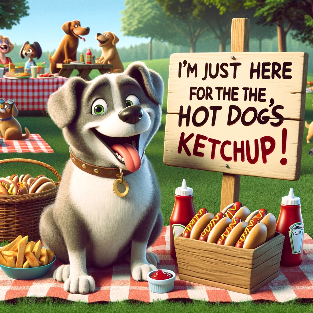 The hungry dog at the picnic barked, I'm just here for the hot dogs ketchup! - Picnic Pun