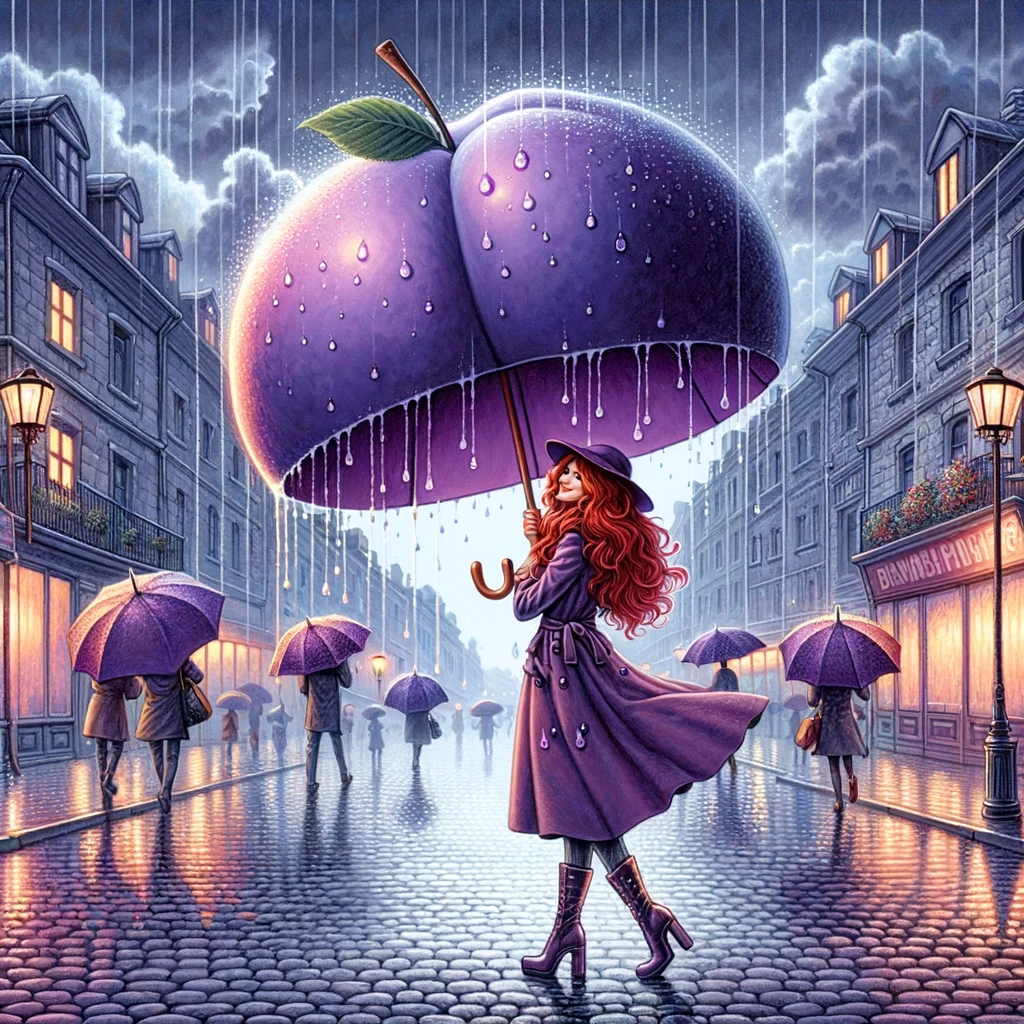 The purple umbrella shielded her from the rain, making it plum-brella - Purple Pun