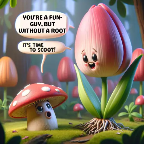Tulip left the mushroom, said You're a fun-guy, but without a root, it's time to scoot!- Tulip Pun