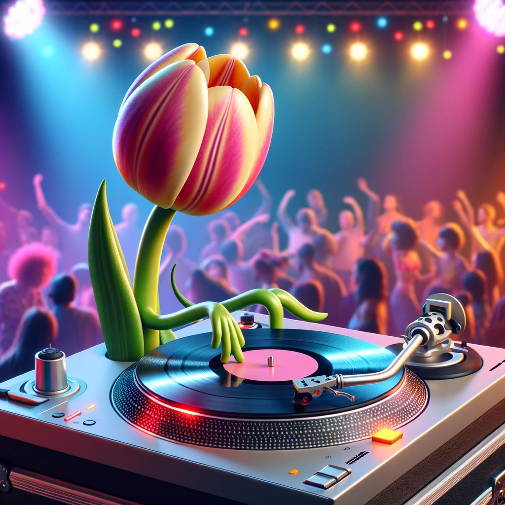 Watch this tulip mix petals and playlists at the turntable!- Tulip Pun