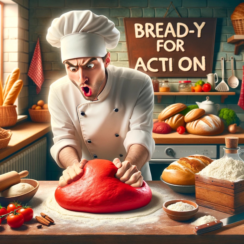 Bread-y for action in the kitchen, kneading the red dough.- Red Pun