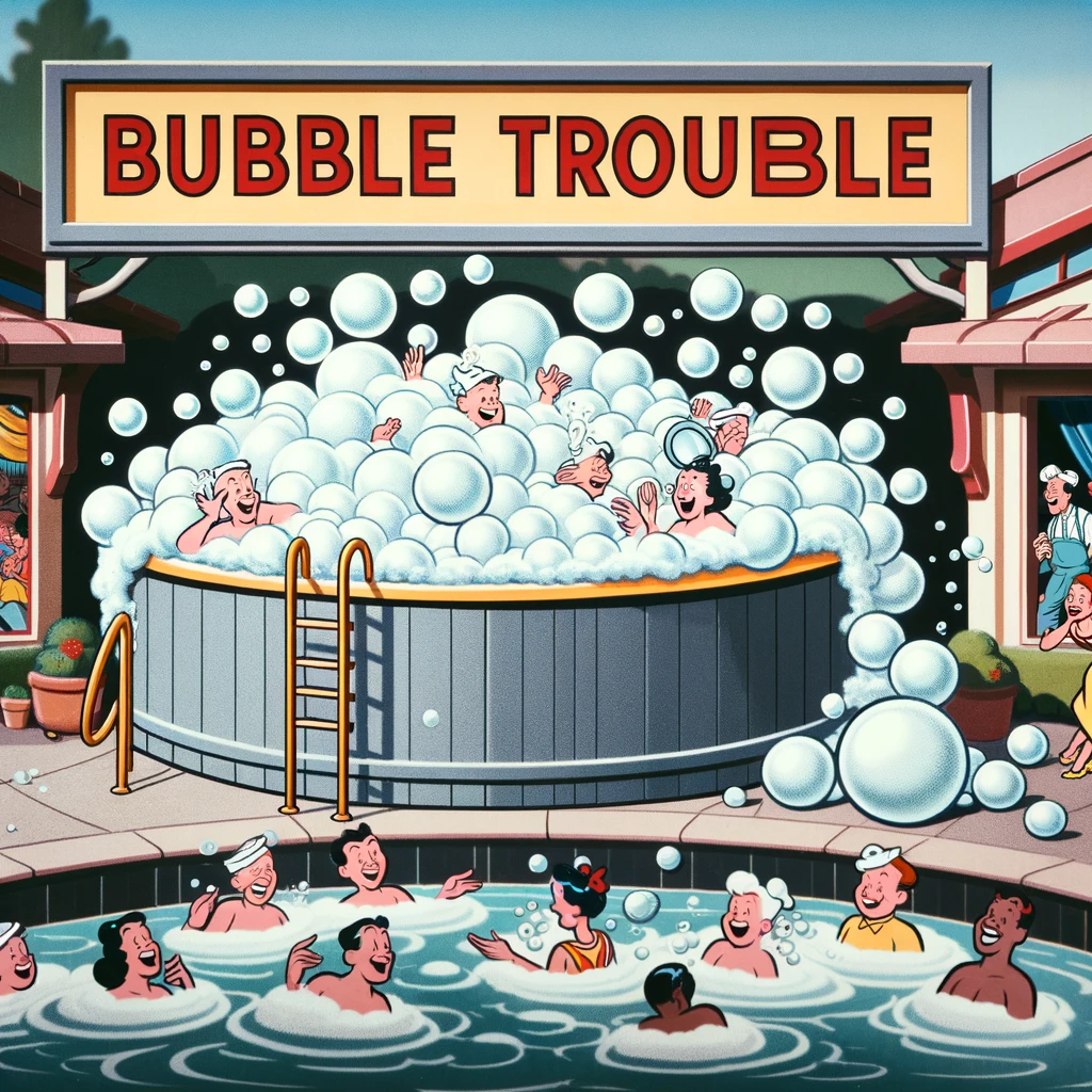 Party in the hot tub gone sudsy Sounds like some serious Bubble Trouble Hot Tub Pun