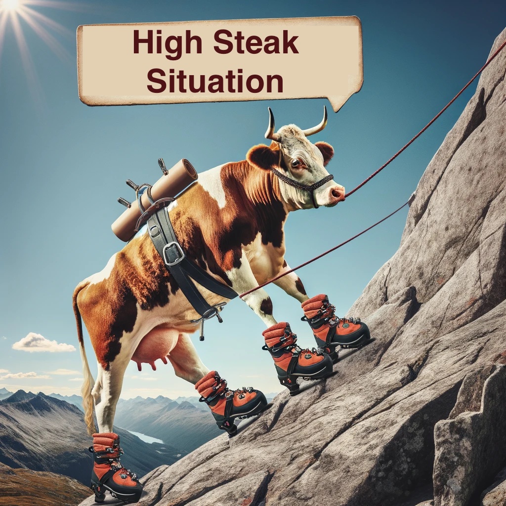 A cow on a climb Now thats what I call a high steak situation Rock Climbing Pun
