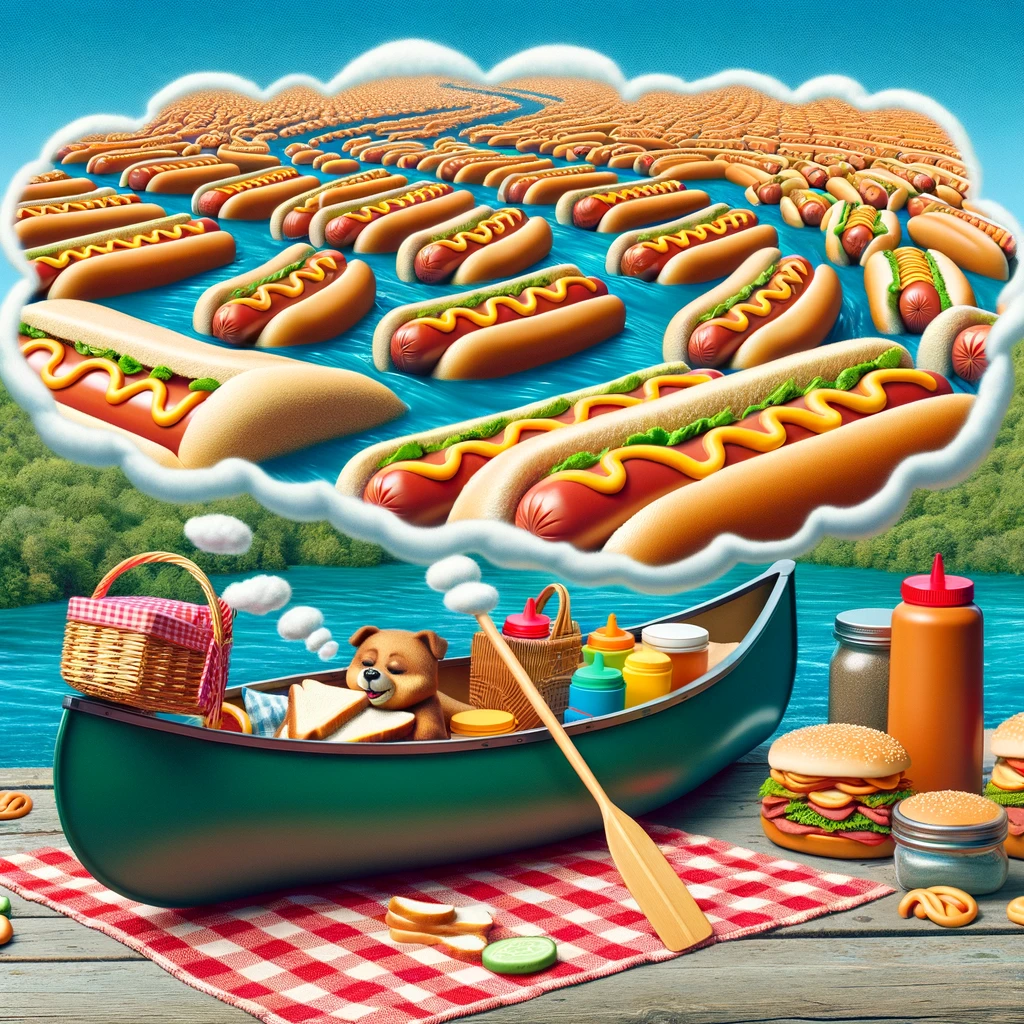 Canoe on a picnic spree dreaming of floating down the hot dog spree Canoe Pun