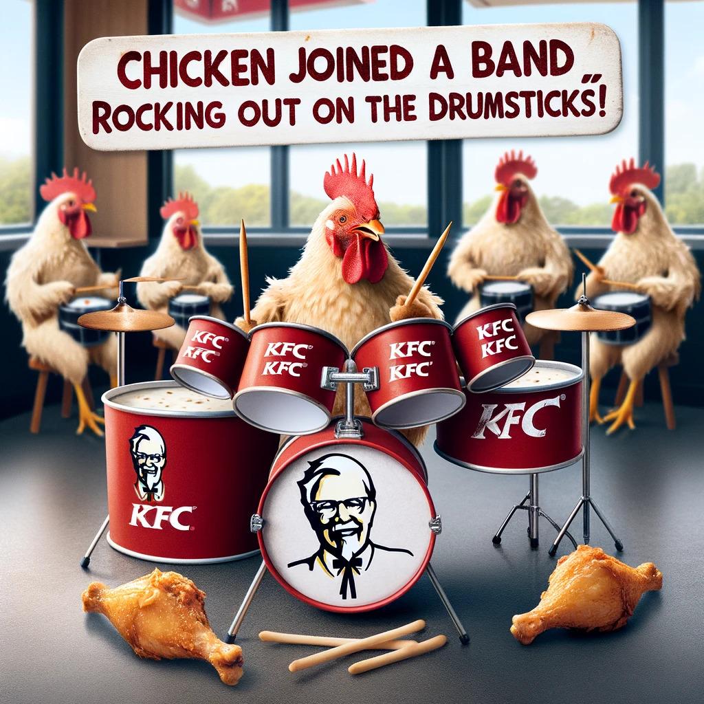 Chicken joined a band at KFC rocking out on the drumsticks KFC Pun