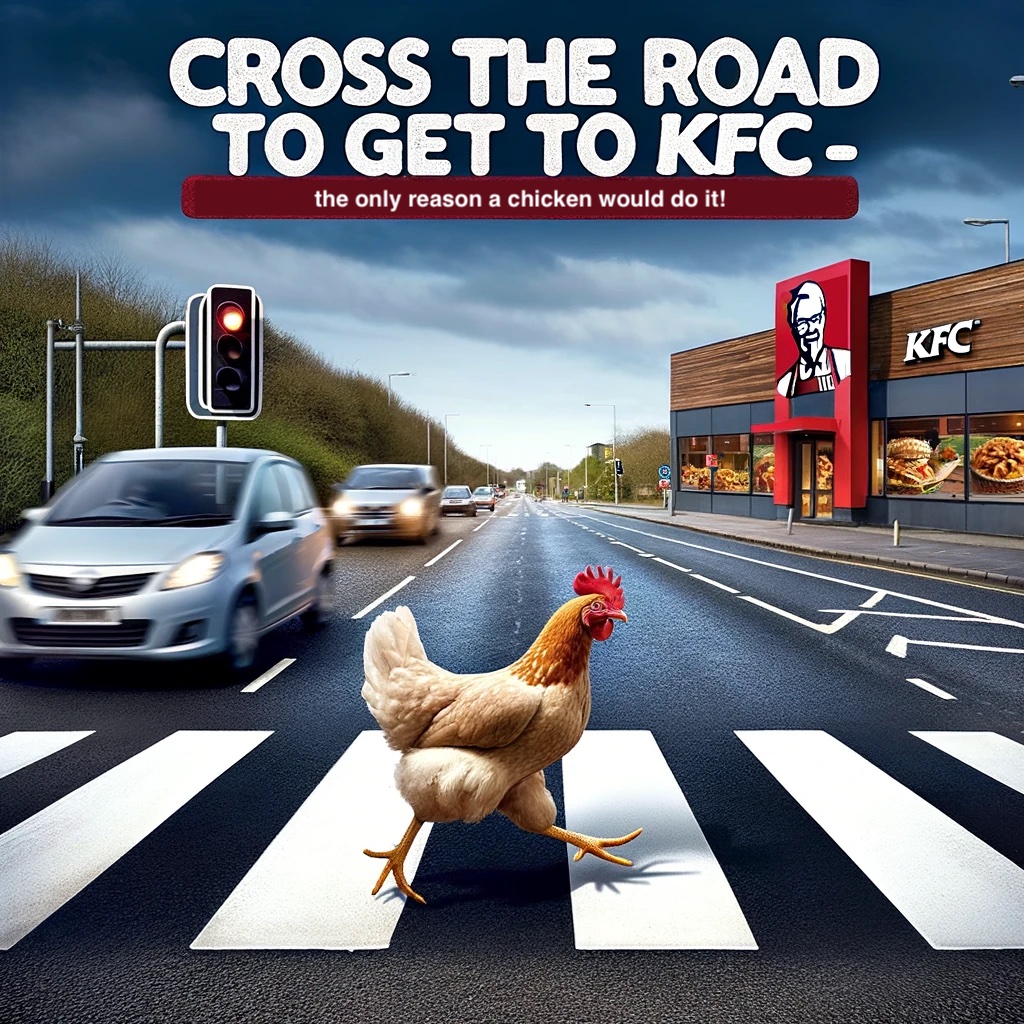 Cross the road to get to KFC – the only reason a chicken would do it KFC Pun