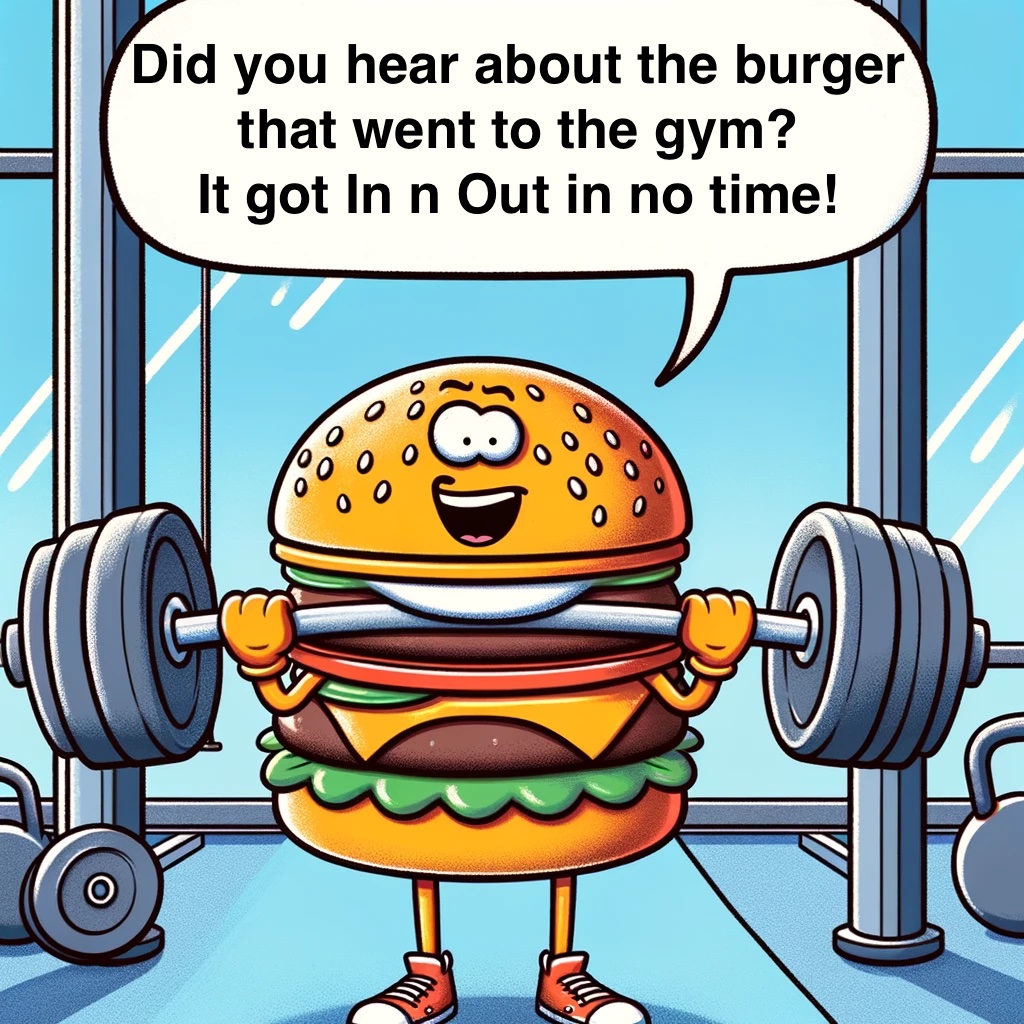 Did you hear about the burger that went to the gym It got In n Out in no time In N Out Pun