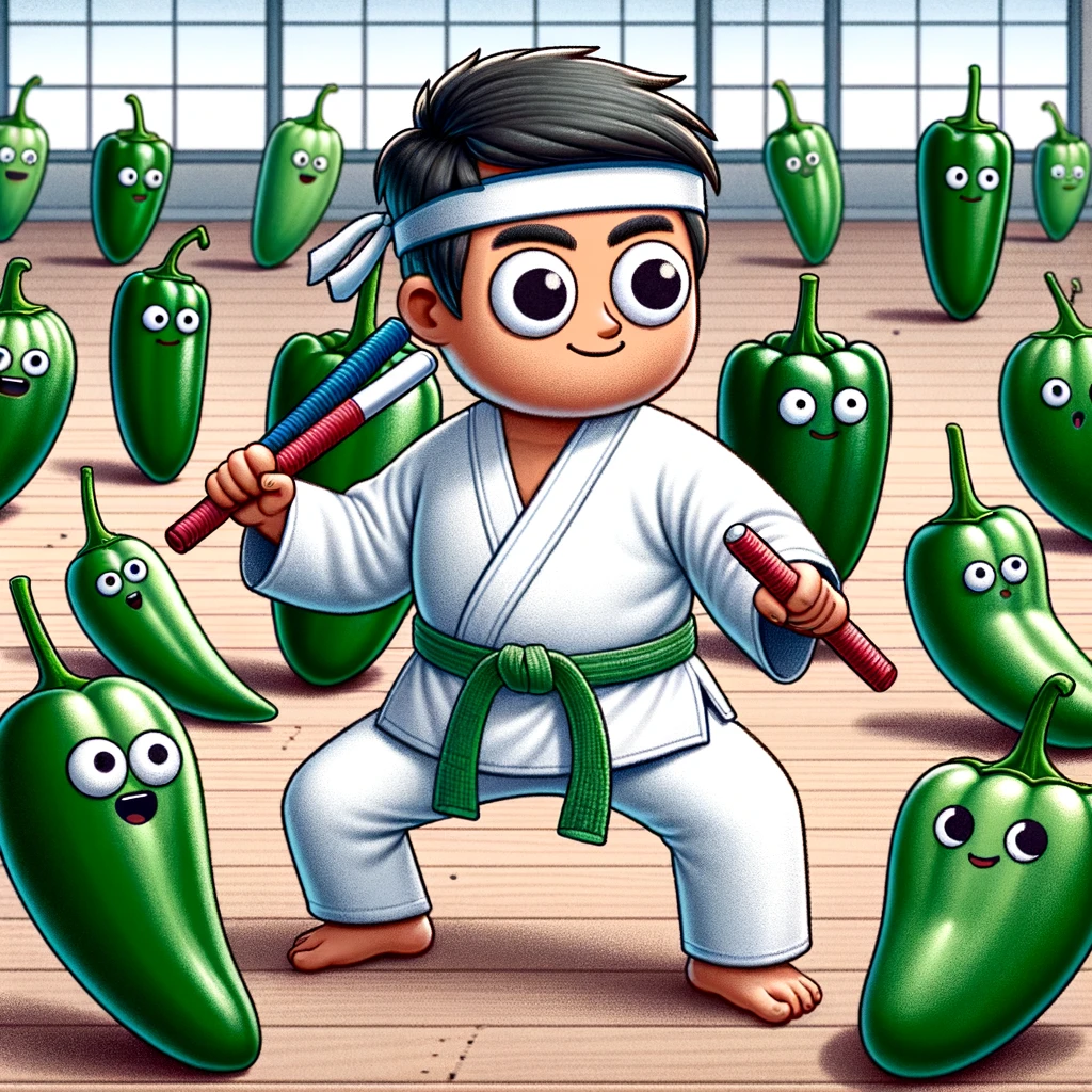 He practices filipiño martial arts with jalapeños in each hand. Jalapeno Pun