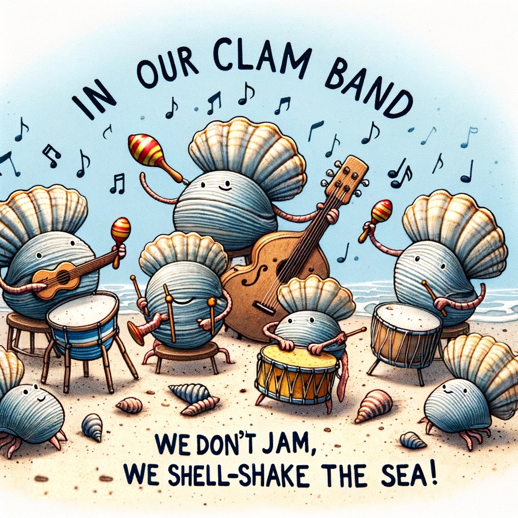 In our clam band we dont jam we shell shake the sea Clam Pun
