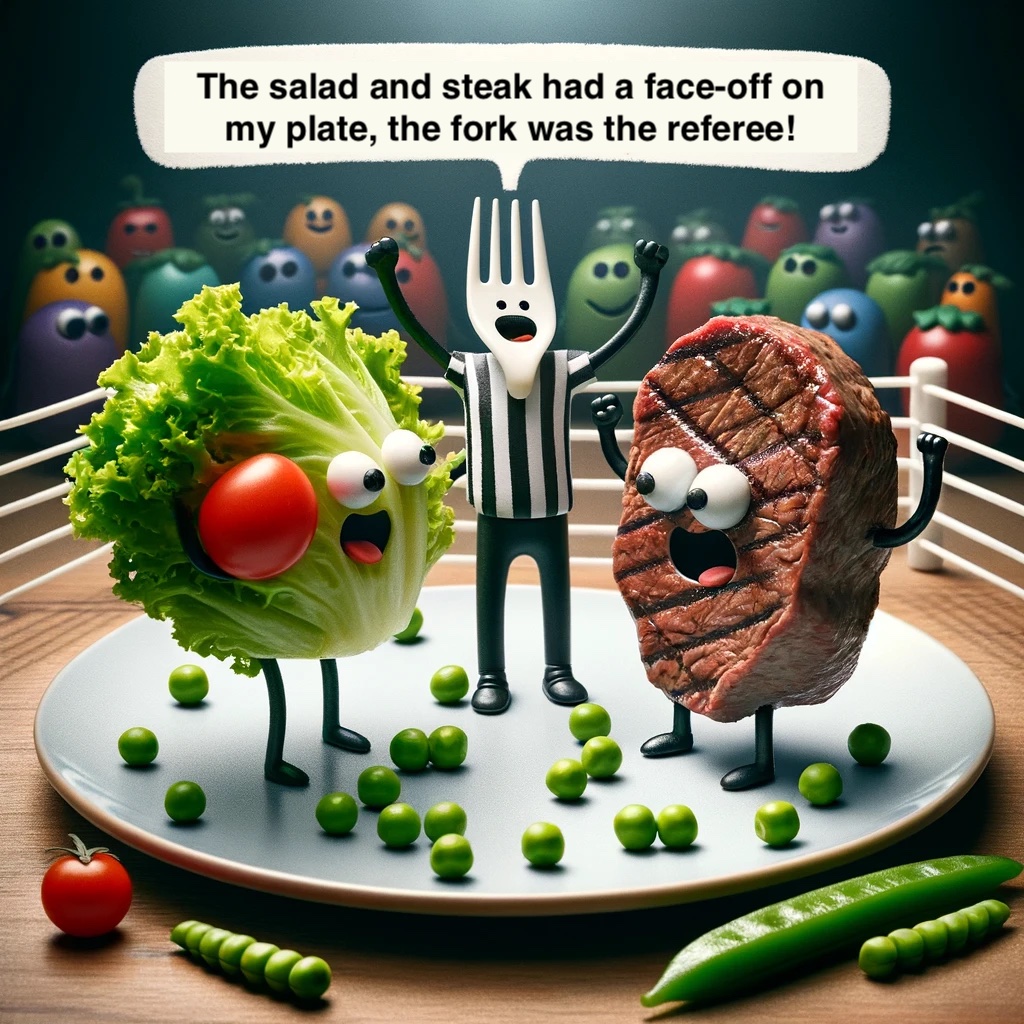 The salad and steak had a face off on my plate the fork was the referee Fork Pun