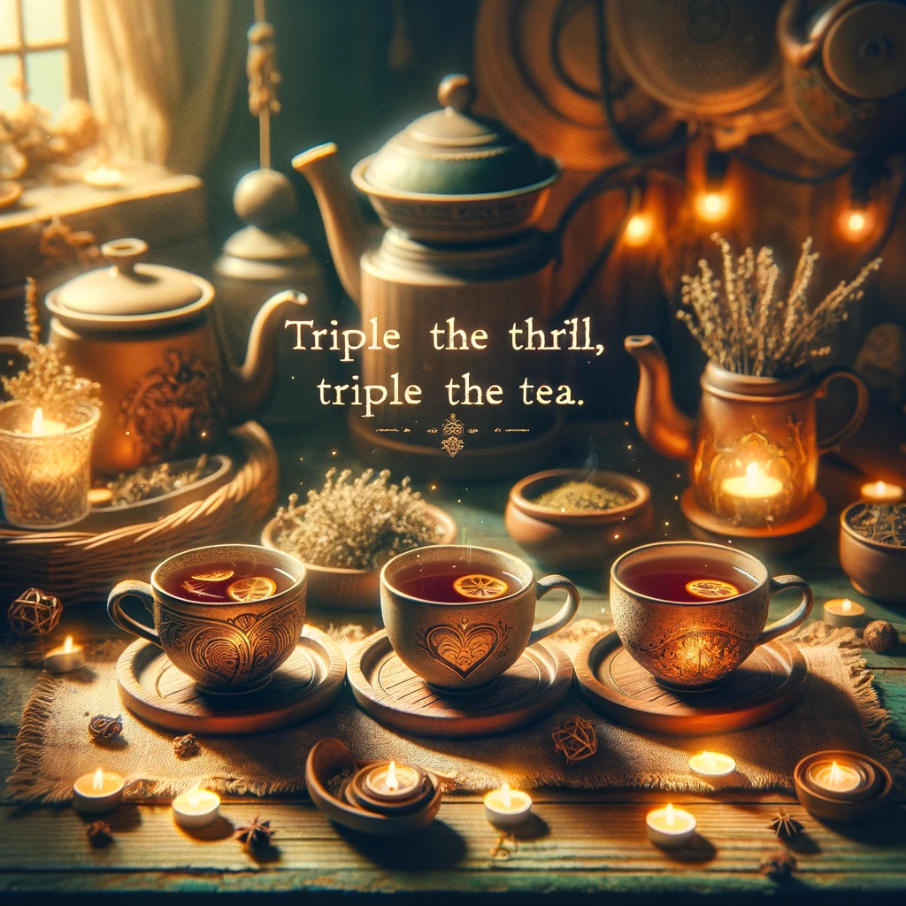 Triple the thrill triple the tea. Three Pun