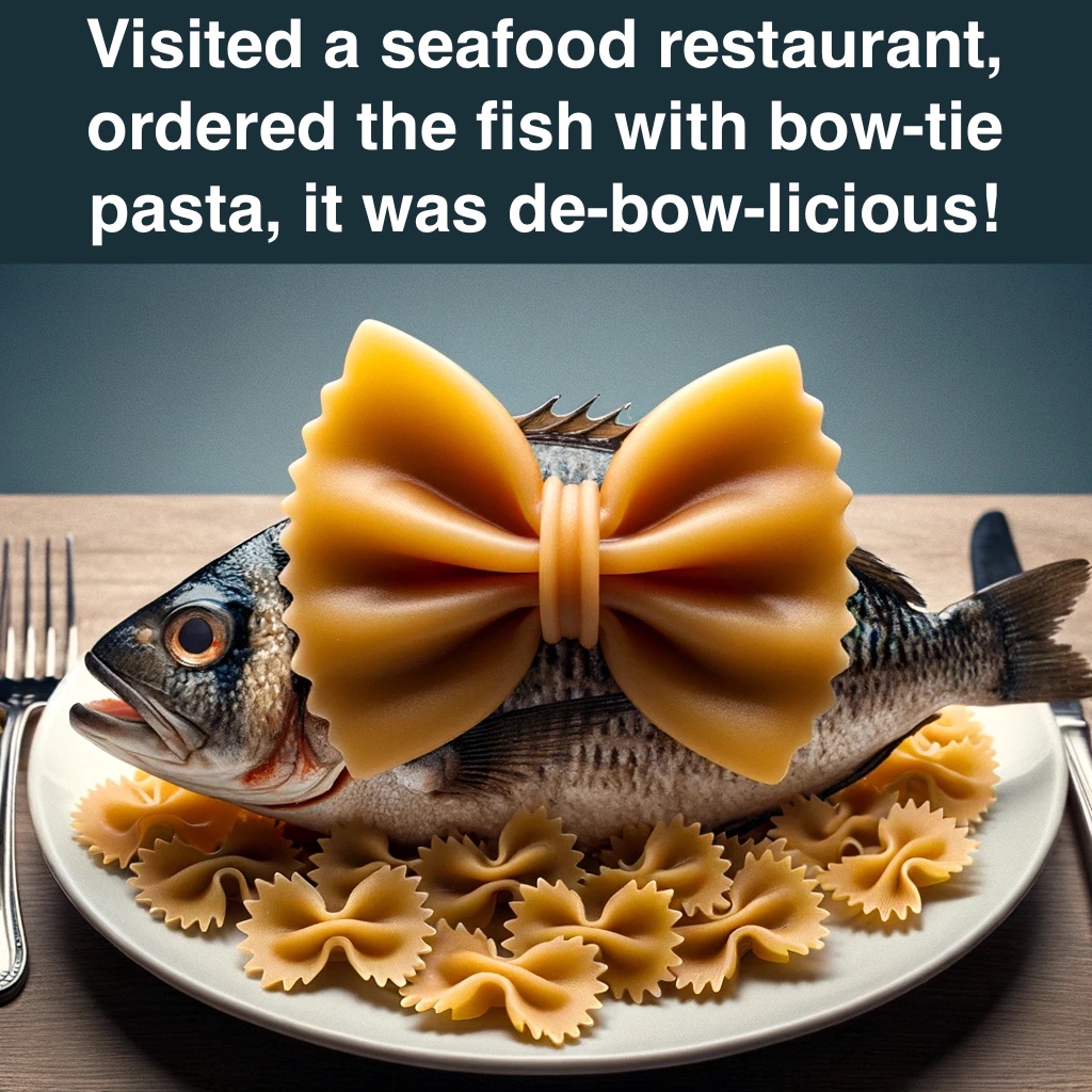 Visited a seafood restaurant ordered the fish with bow tie pasta it was de bow licious Bow Pun