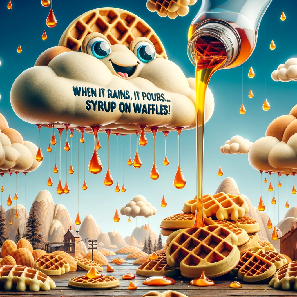 When it rains it pours. syrup on waffles Waffle Pun