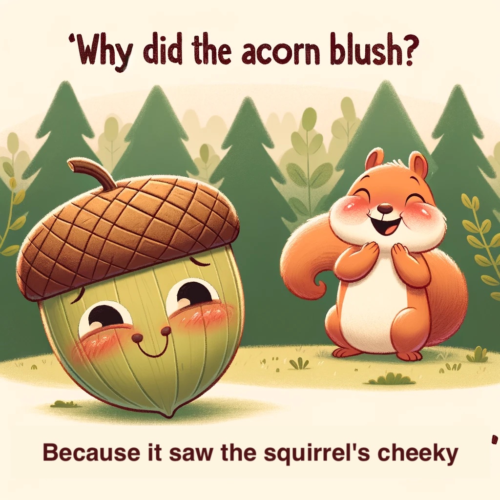 Why did the acorn blush Because it saw the squirrels cheeky grin Acorn Pun
