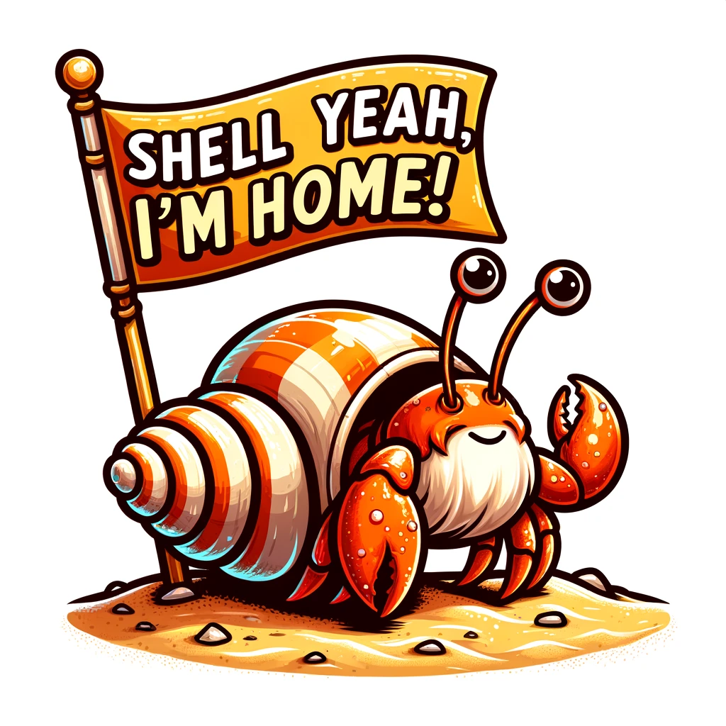 A hermit crabs motto Shell yeah Im home Hermit Crab Pun