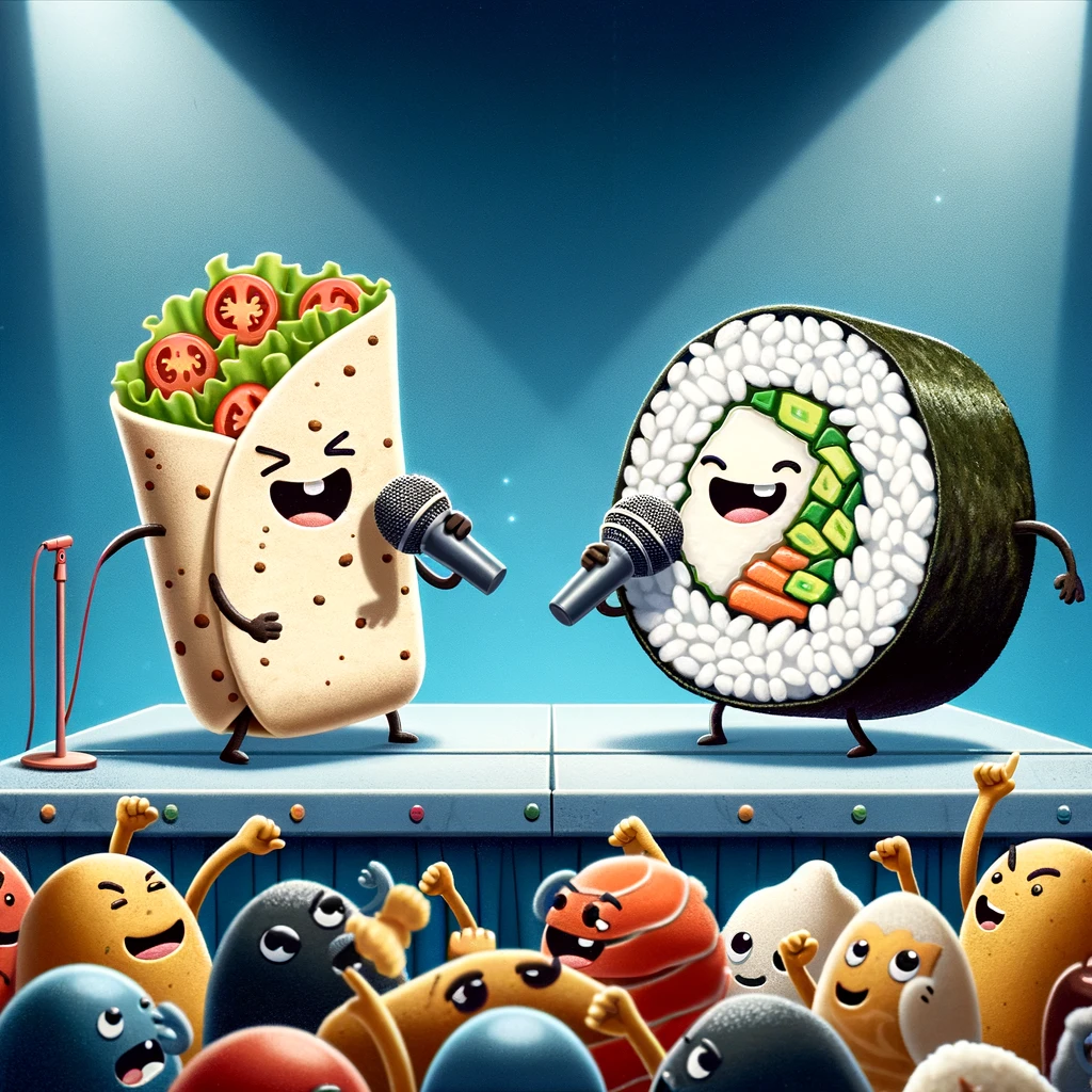 Burrito and sushi roll had a rice competition – an epic wrap battle Burrito Pun