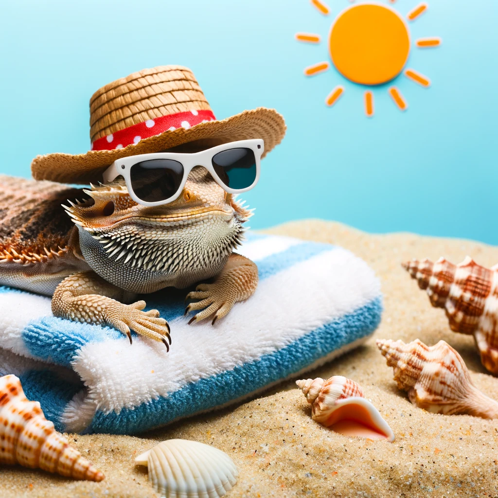 Dragon on the beach – soaking up the sandsational vibes Bearded Dragon Pun