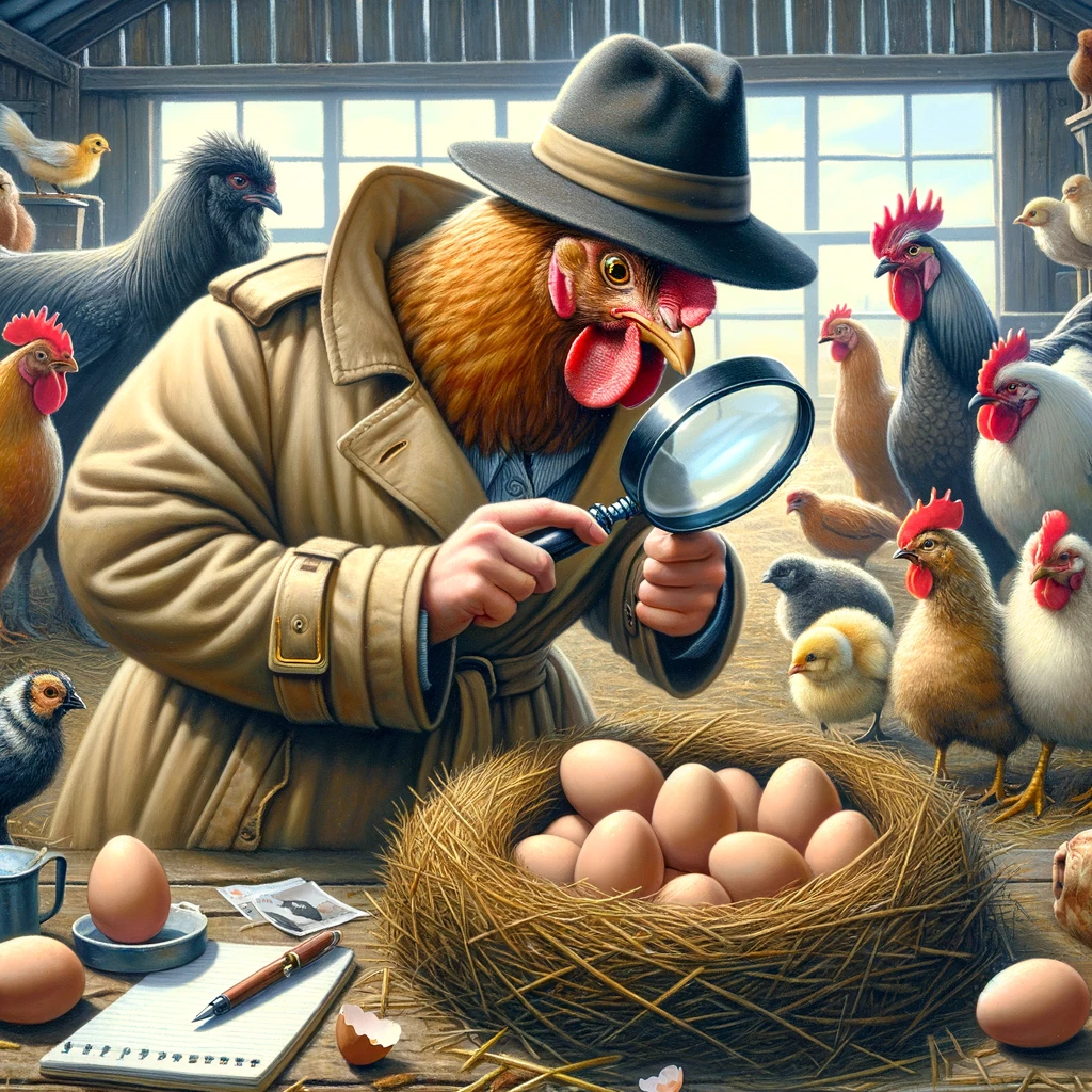 Hen turned detective to crack the egg stremely mysterious case of the missing egg Hen Pun