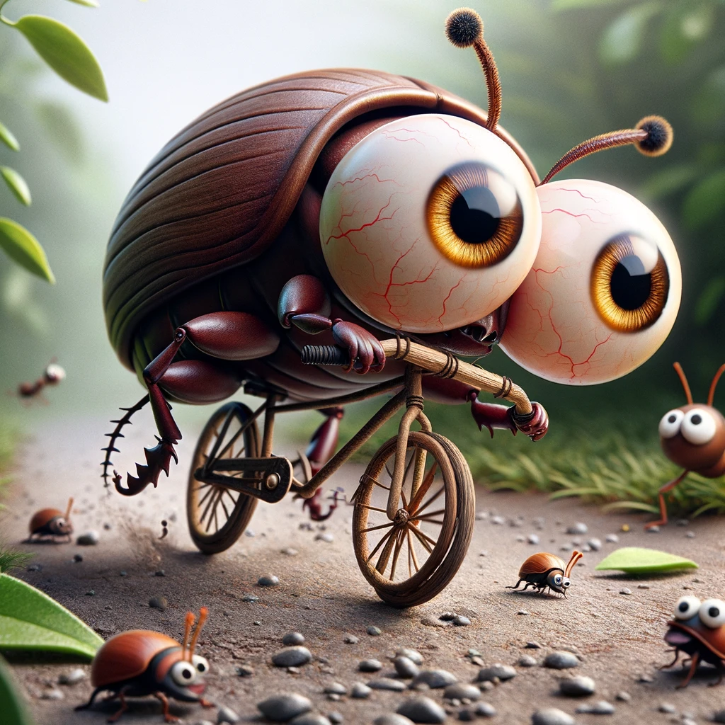 I was bug eyed when I saw the beetle riding a tiny bicycle. Beetle Pun