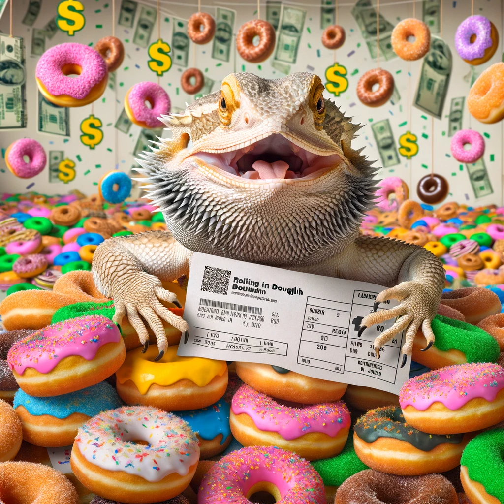 The bearded dragon was thrilled when he won the lottery. Now hes rolling in the doughnut Bearded Dragon Pun