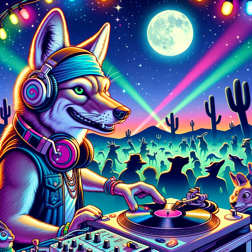 The coyote became a DJ to spin some howl esome beats Coyote Pun