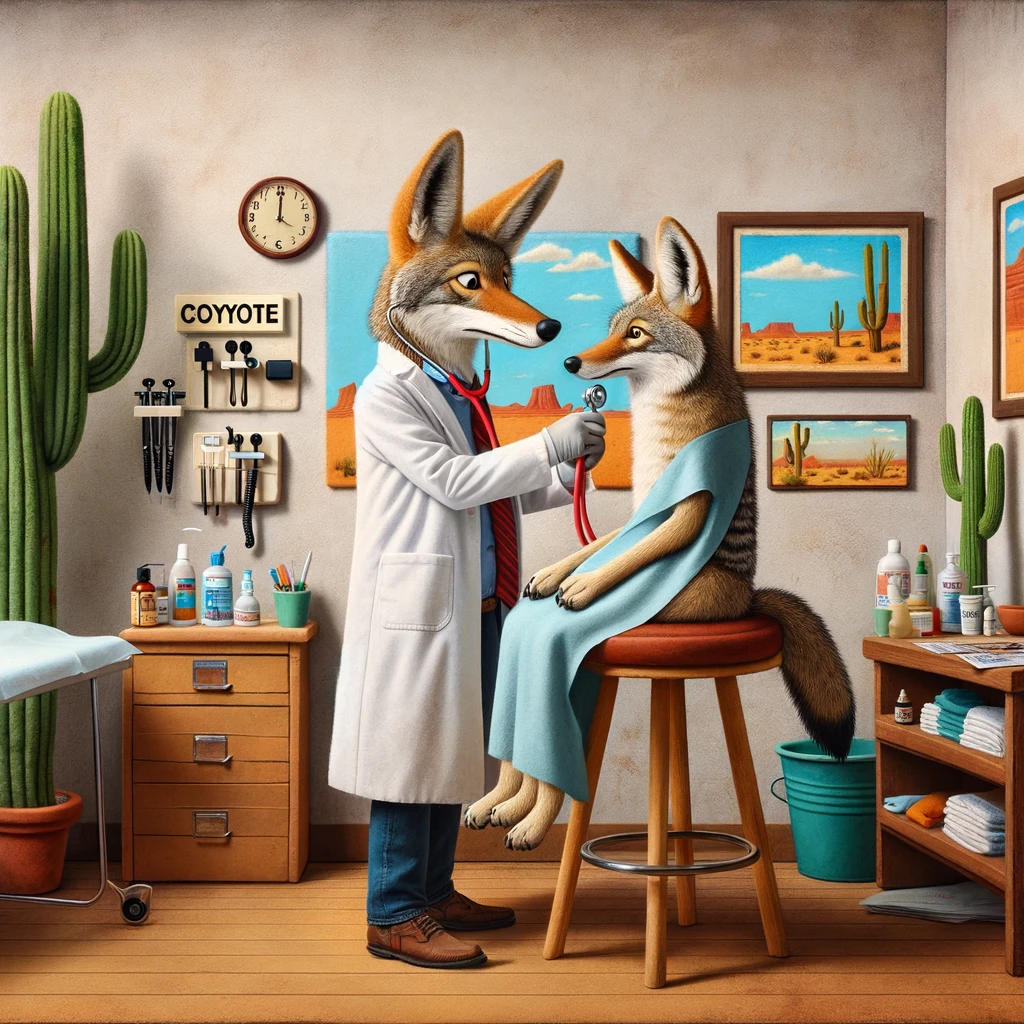 The coyote wasnt feeling well so he went to the doc coyote for a check up. Coyote Pun