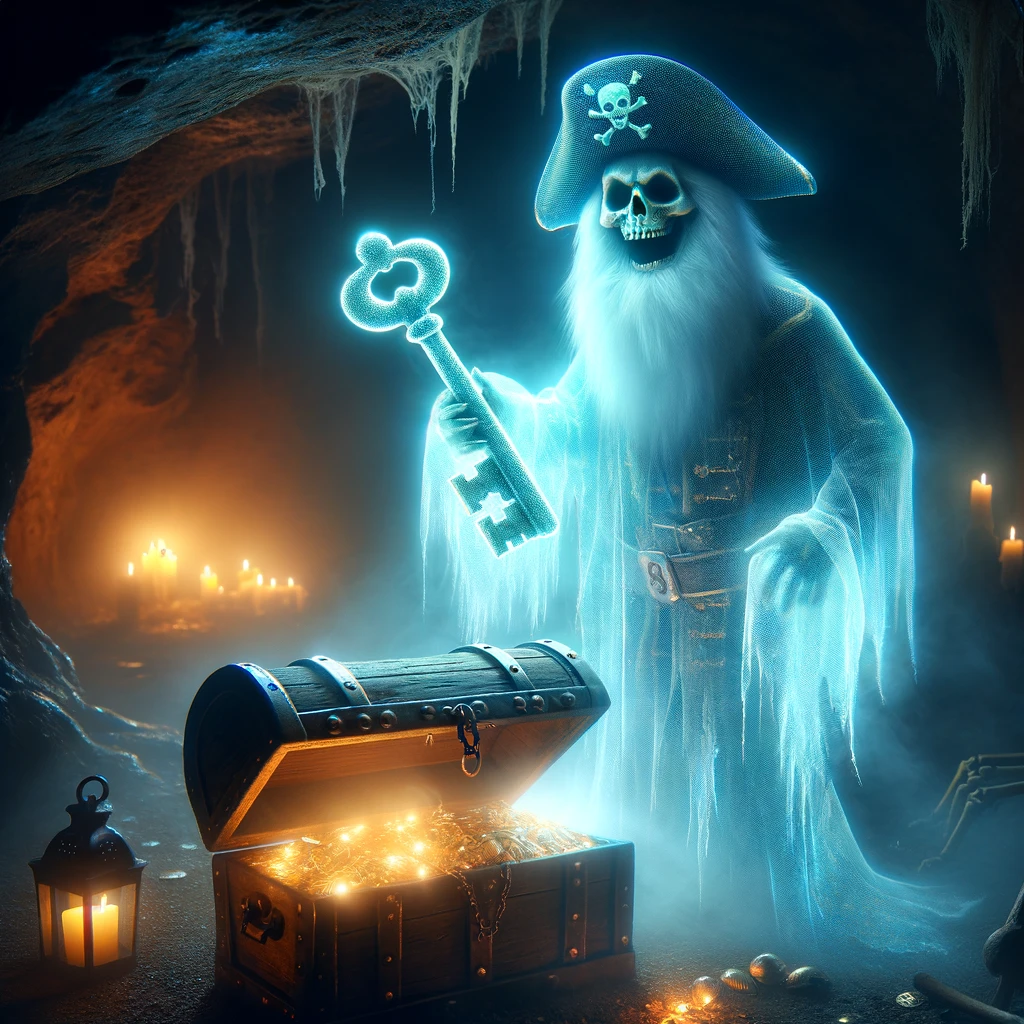 The ghostly pirate captain guarded the treasure chest with a spectral key. Key Pun