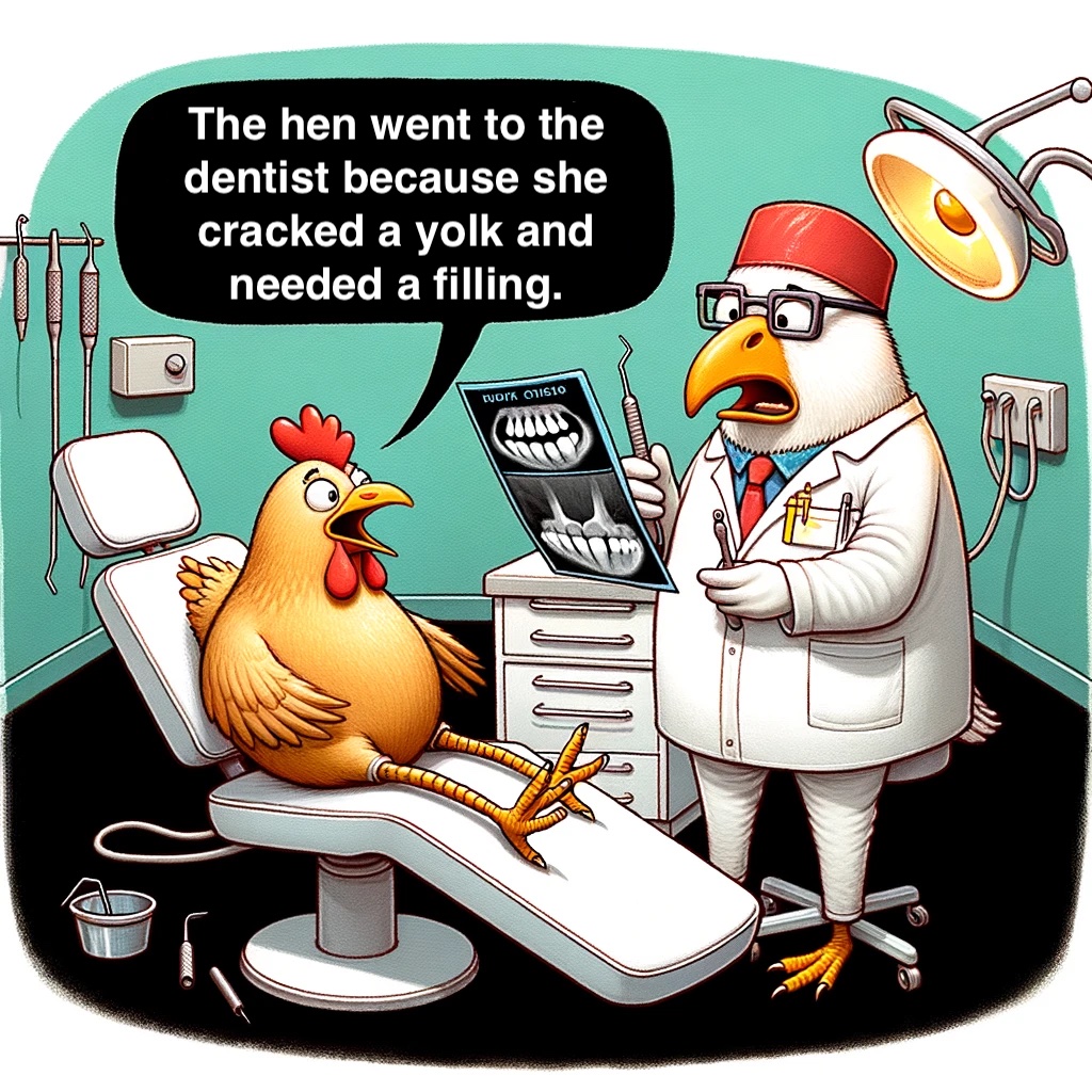 The hen went to the dentist because she cracked a yolk and needed a filling. Hen Pun