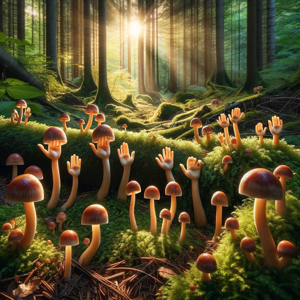 The high five fungi flourished in the forest sprouting tiny hands from their stems. Five Pun