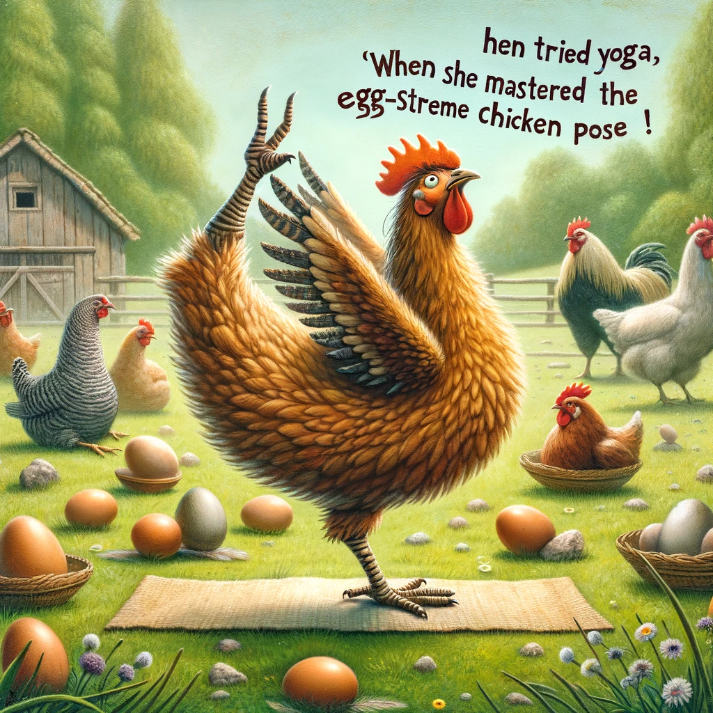 When the hen tried yoga she mastered the egg streme chicken pose Hen Pun