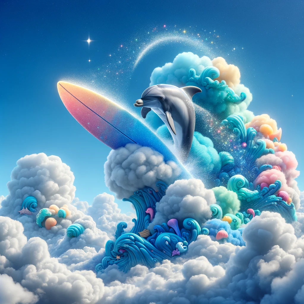 A dolphin in the clouds surfing the sky with a touch of whimsy Dolphin Pun