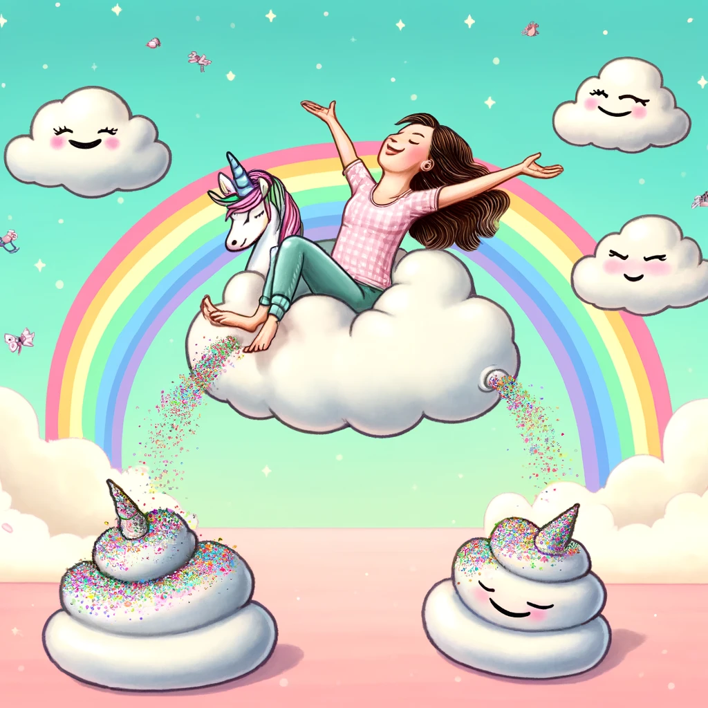 Shes on cloud nine floating in a sea of unicorn poops. Poop Pun