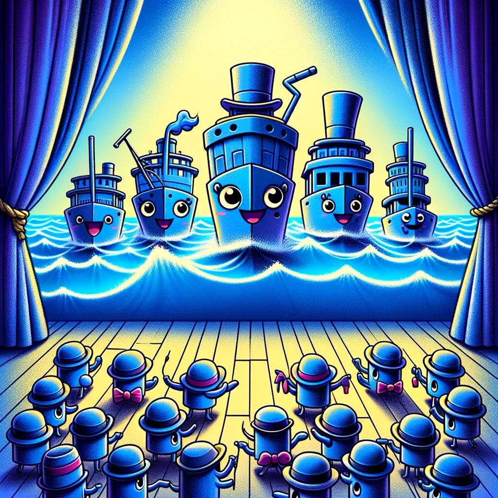 Ships dance on the oceans stage of blue. Ocean Pun