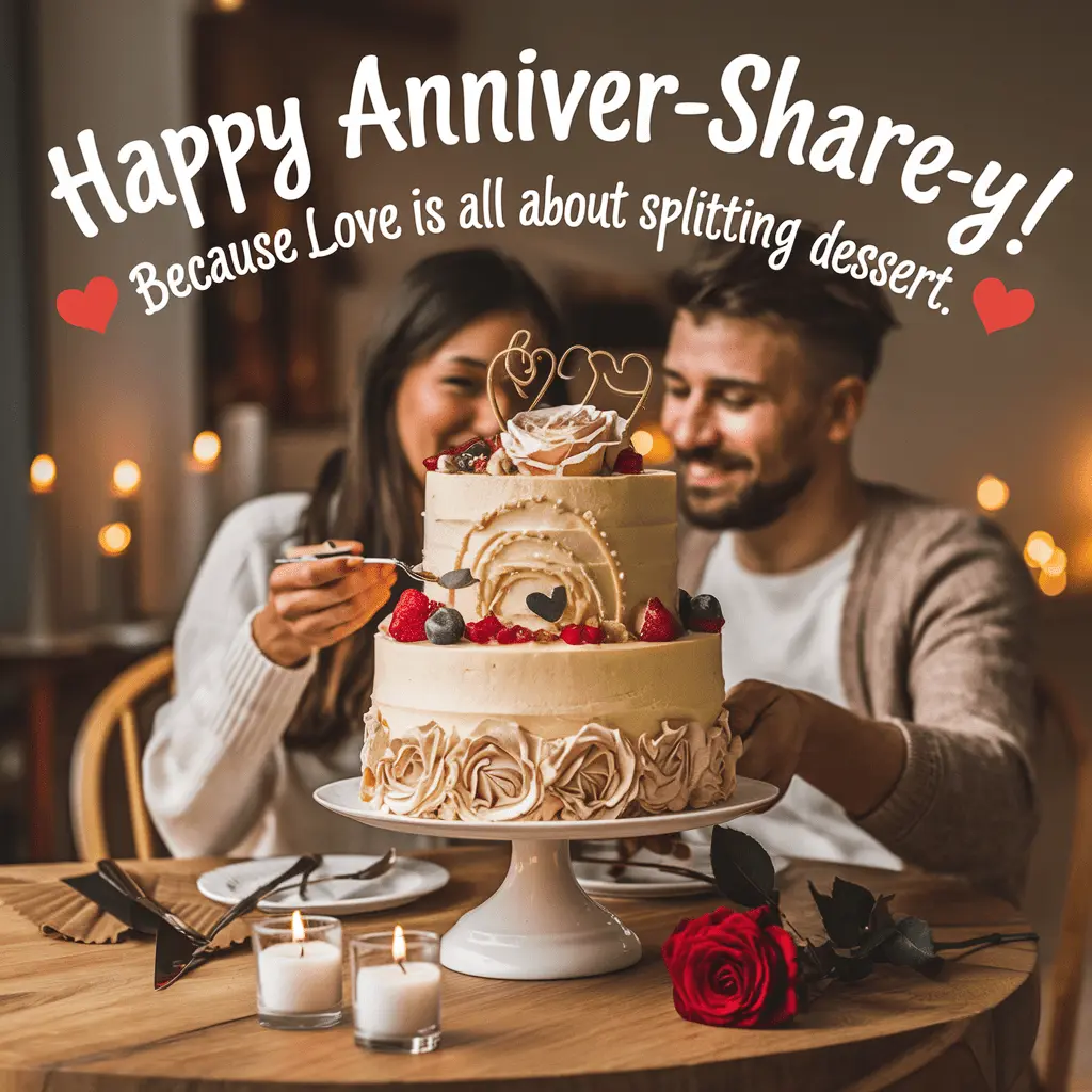 Happy ANNIVER SHARE Y Because love is all about splitting dessert.Still in love Anniver surely Anniversary Puns