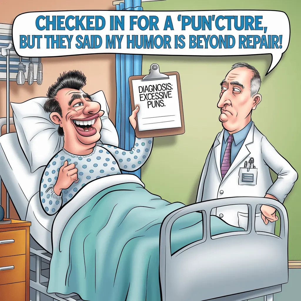 Checked in for a ‘puncture but they said my humor is beyond repair Hospital Puns