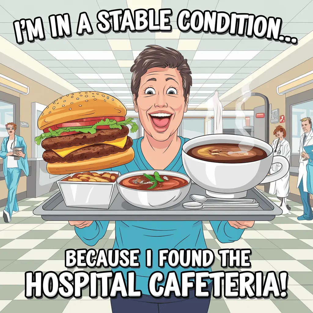 Im in a stable condition. because I found the hospital cafeteria Hospital Puns