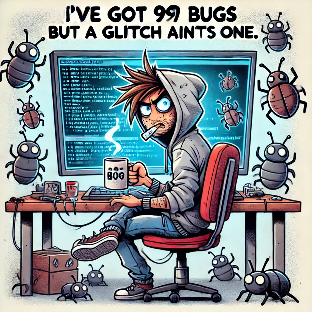 Ive got 99 bugs but a glitch aint one. Programming Puns