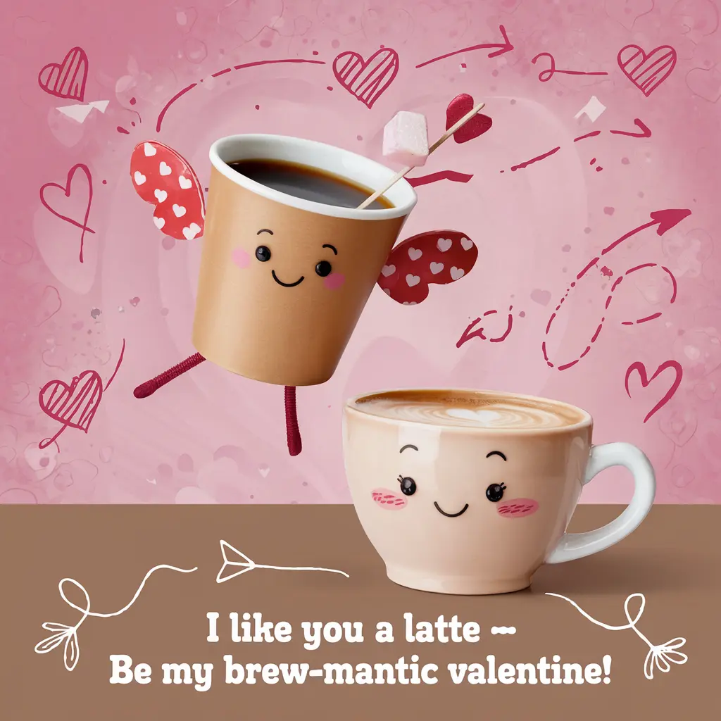 I like you a latte — be my brew mantic Valentine Coffee valntine Puns