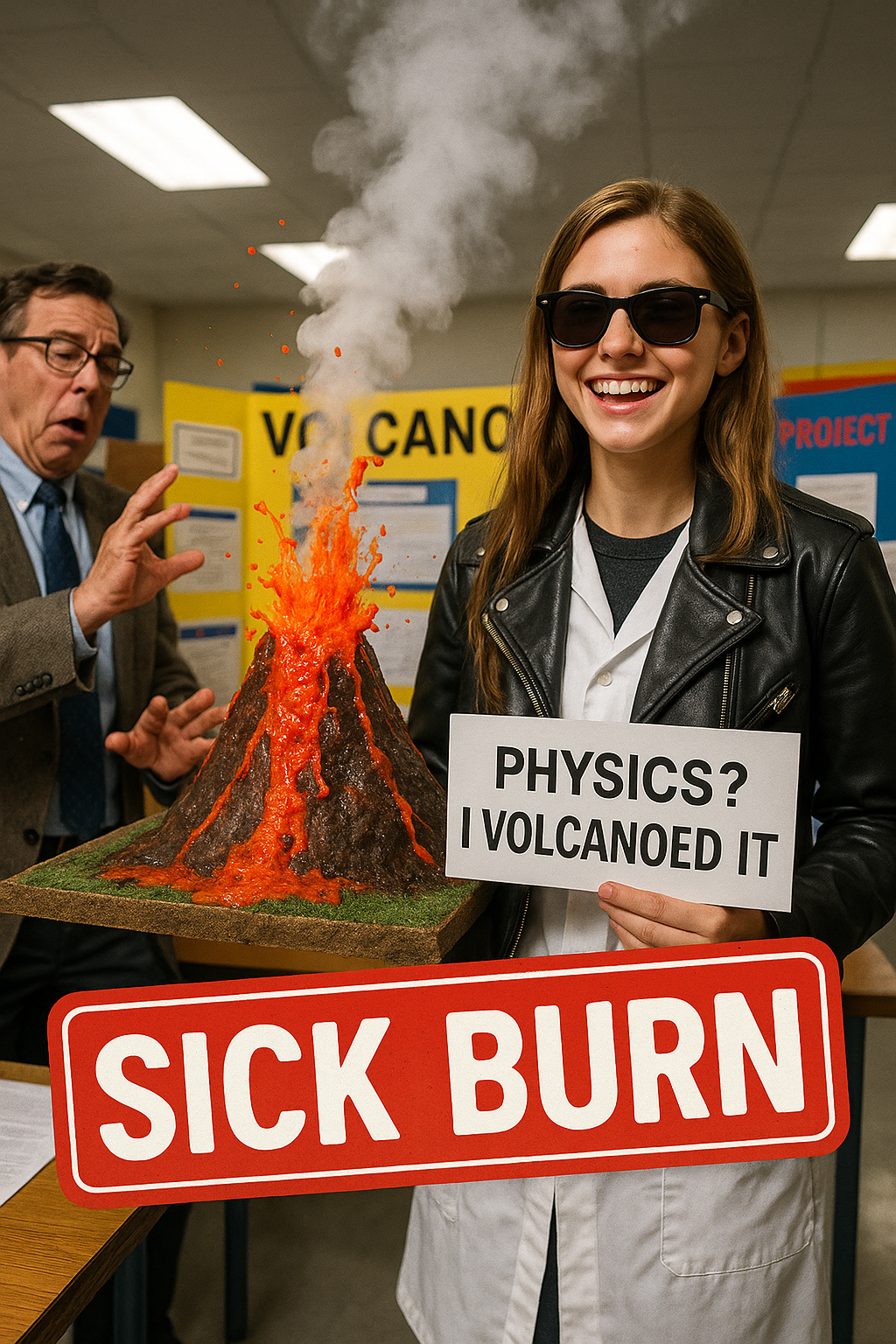 Physics I volcanoed it. Burn Puns
