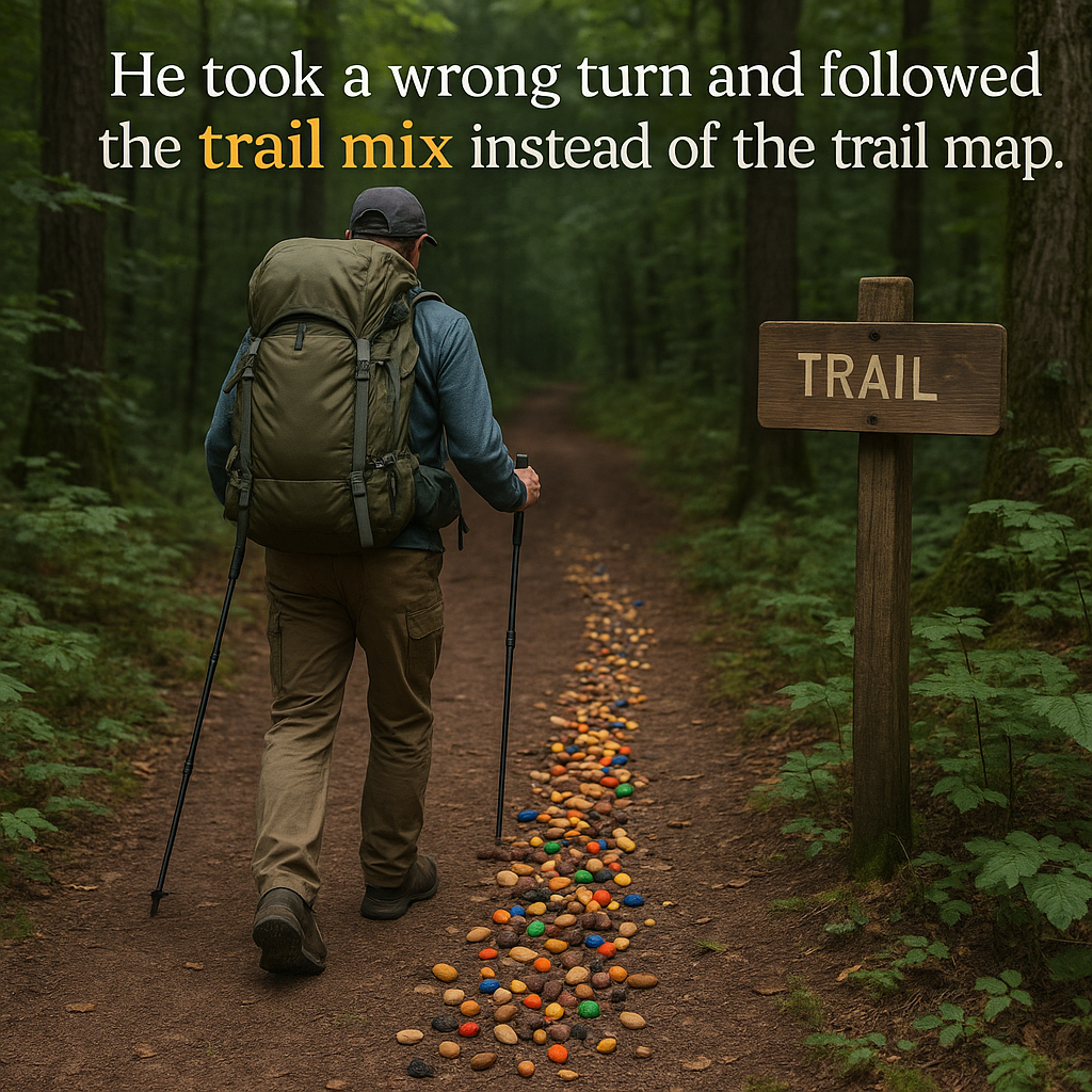 He took a wrong turn and followed the trail mix instead of the trail map Trail Mix Puns